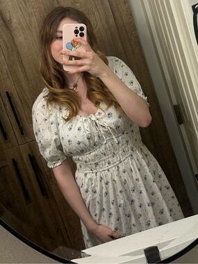 Reformation-style White Floral Puff Sleeve Dress